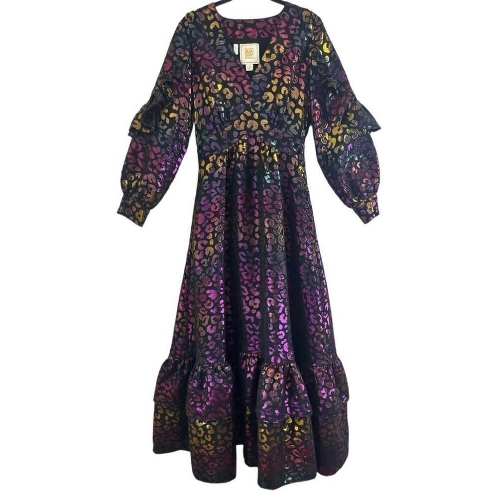 Emily McCarthy Metallic Leopard Print Ruffle Maxi Dress Size Small